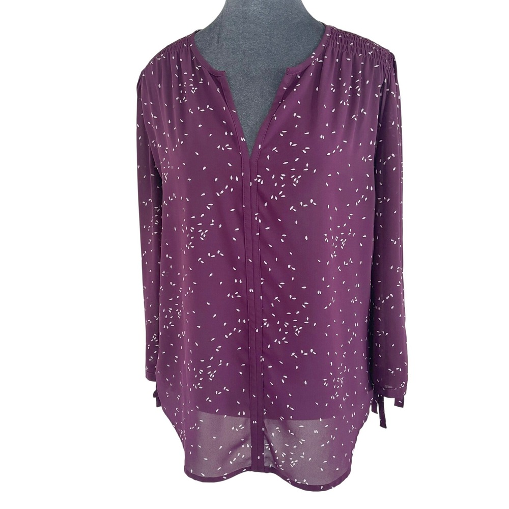 Monday Fun Plum White Seed Print‎ Blouse Tie Sleeve Split Neck Size L